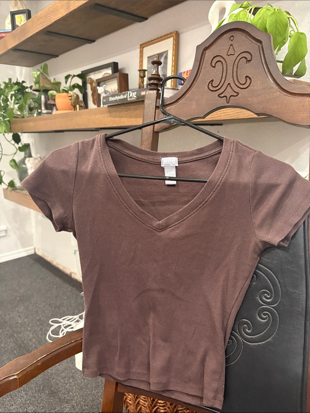 Tilly's Brown Ribbed V-Neck Short Sleeve Tee
